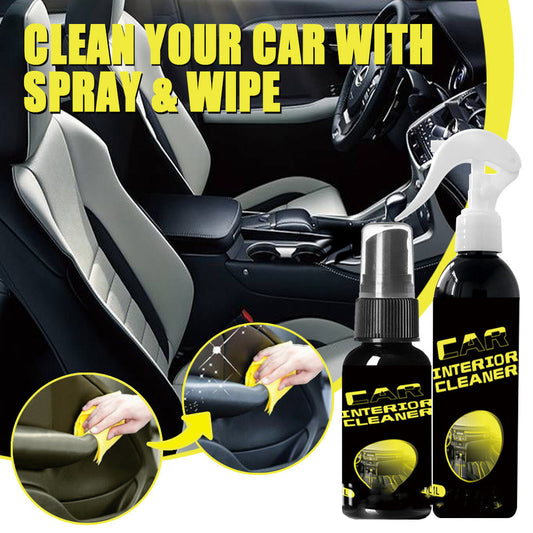 Car interior cleaning kit with spray bottles and text 'Clean Your Car with Spray & Wipe'.
