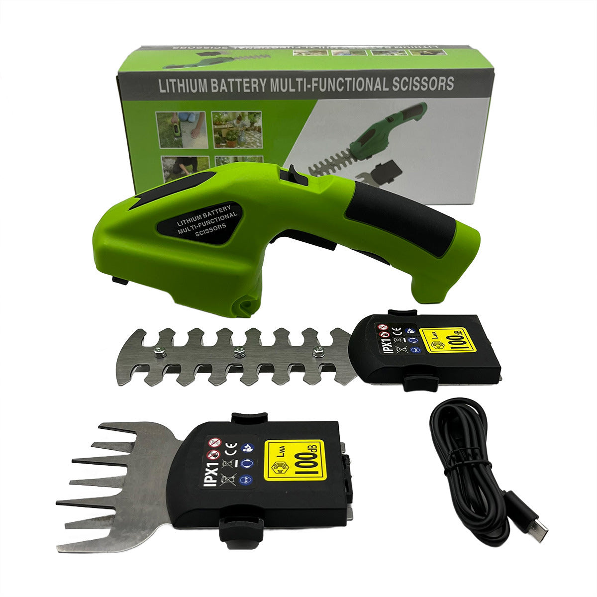 Green lithium battery multi-functional scissors with accessories and packaging on a white background