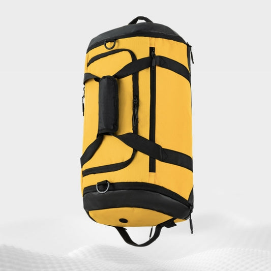 Yellow duffel bag with black straps on a white background