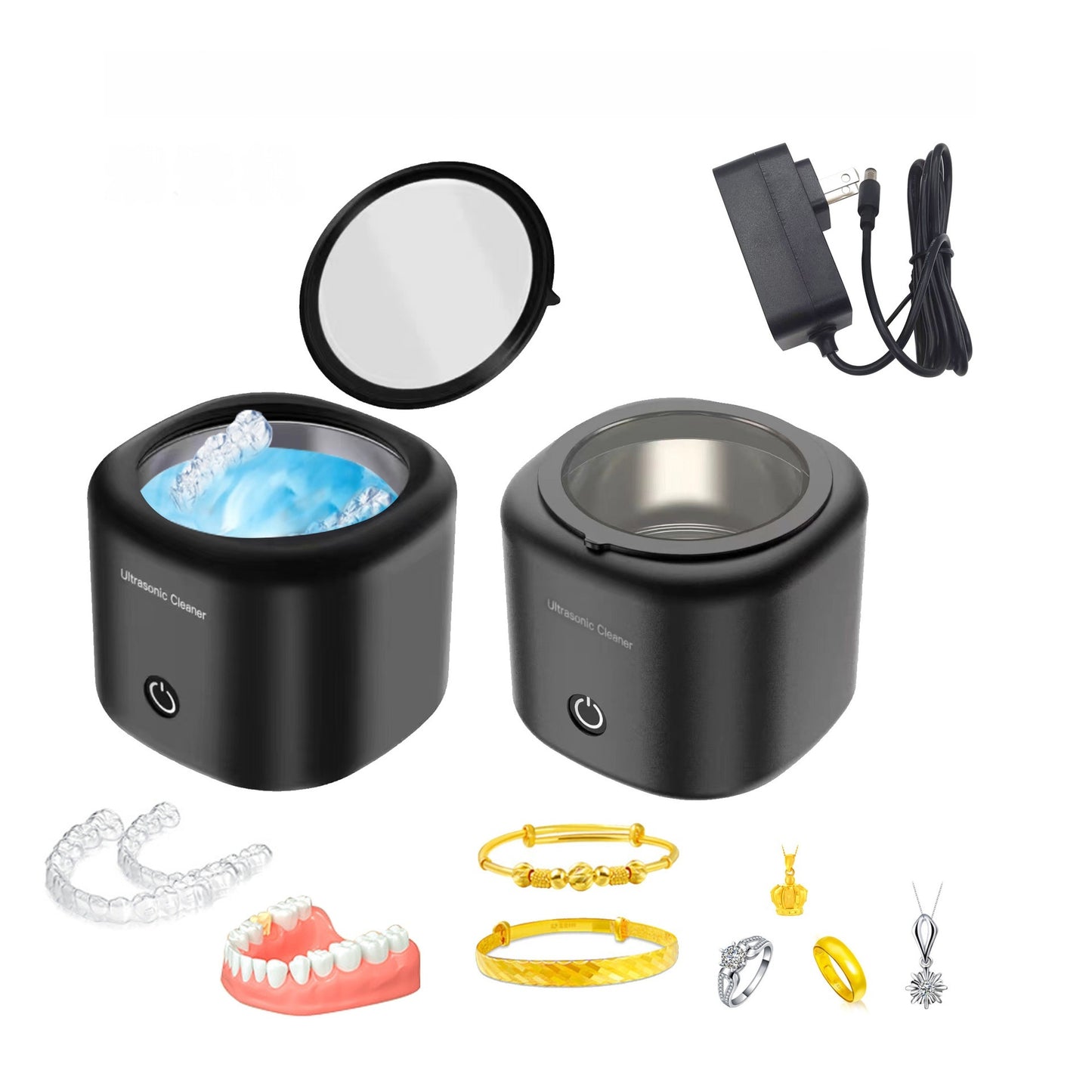 Black ultrasonic cleaner with accessories on a white background