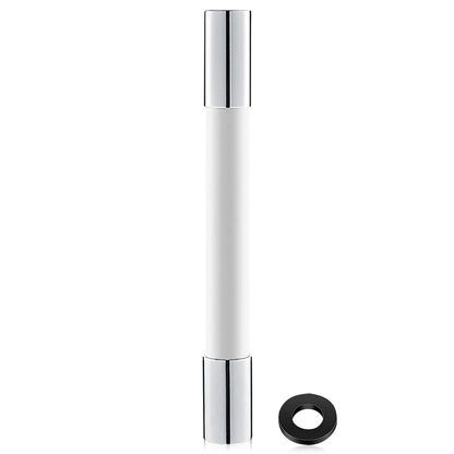 Chrome cylindrical object with a black ring on a white background