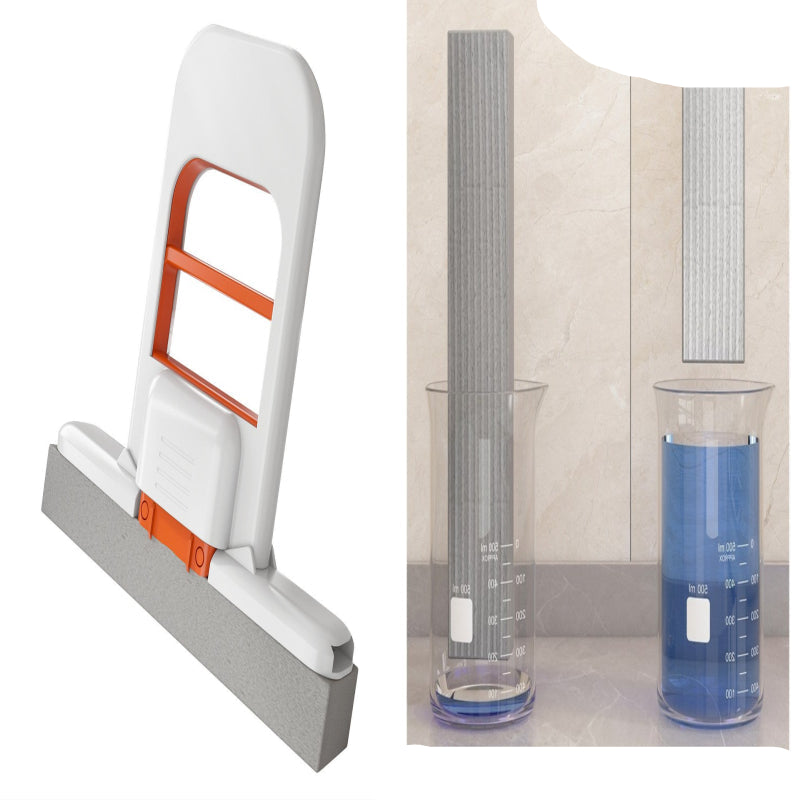 Cleaning tool with squeegee and scrubber, shown with two beakers containing water and blue liquid.