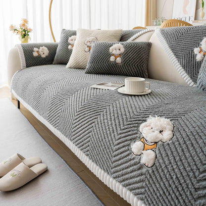 Cartoon Teddy Sofa Cushion Non-Slip Cover Towel – Flannel Dust Cover with Cute Animal Pattern