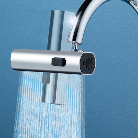 Chrome shower head with water flowing against a blue background