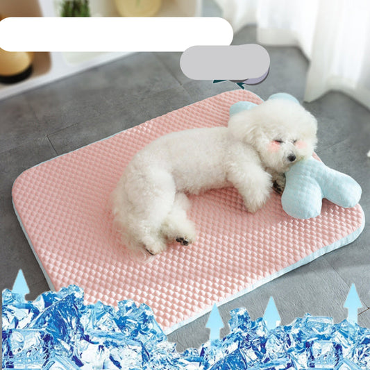 White dog lying on a pink pet cooling mat with text and ice graphics.