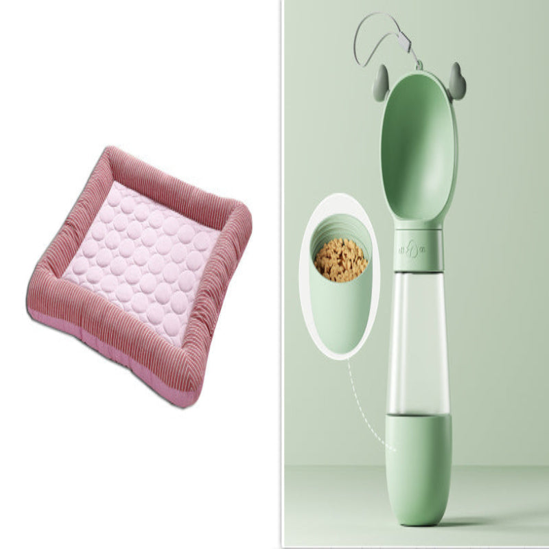 Pink quilted mat and green pet water bottle with food container on a light green background