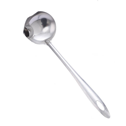 Stainless steel ladle with measurements and weight details on a white background