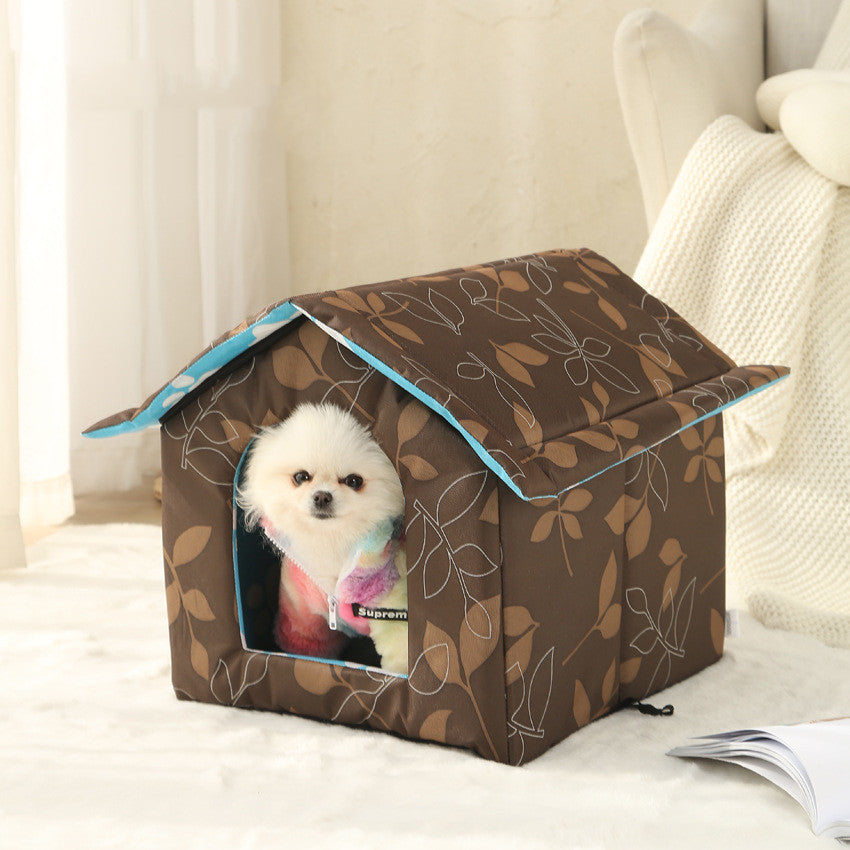 Dog house with a dog peeking out, placed on a light-colored surface.