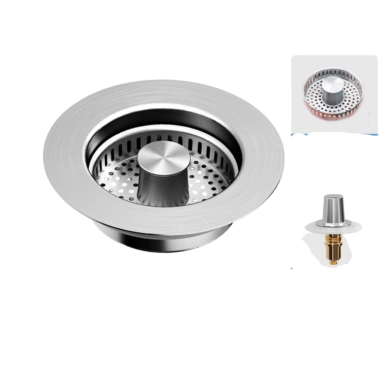 Stainless steel sink drain with dimensions and component details on a white background