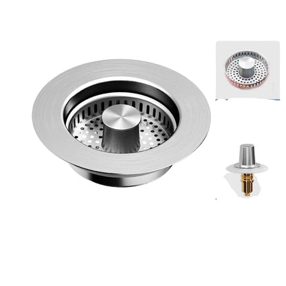 Stainless steel sink drain with dimensions and component details on a white background
