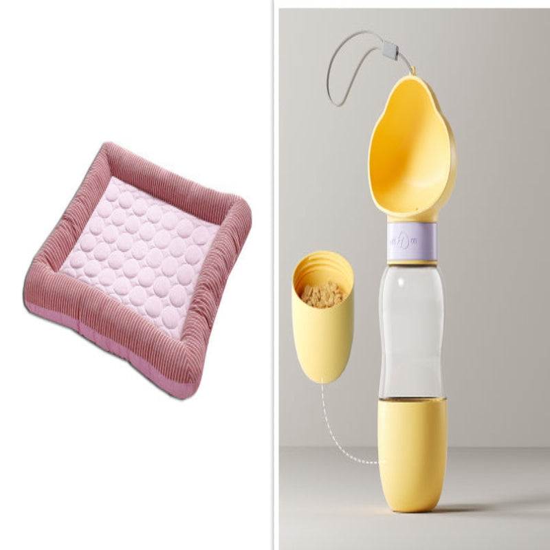 Pink quilted mat and yellow breast pump on a white background