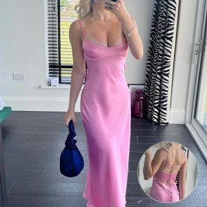 Chic and alluring 2023 women's satin long dress, sleeveless with a backless design, perfect for holiday parties and casual summer events.