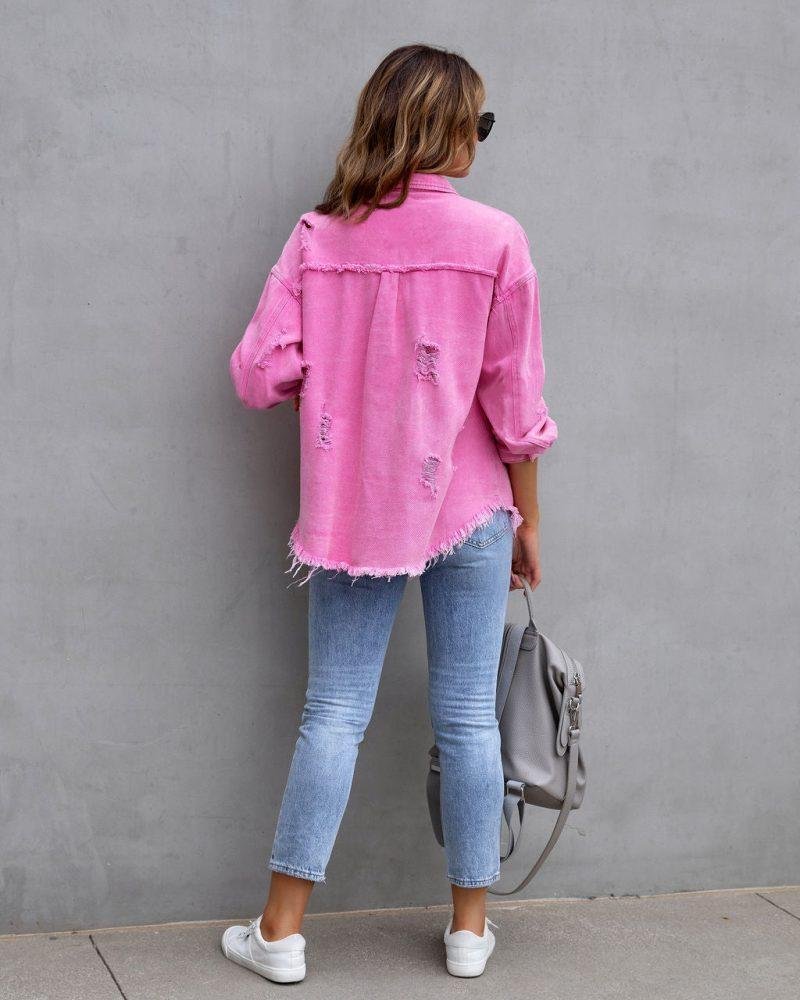 Fashion Ripped Shirt Jacket Female Autumn And Spring Casual Tops Womens Clothing - Image 2