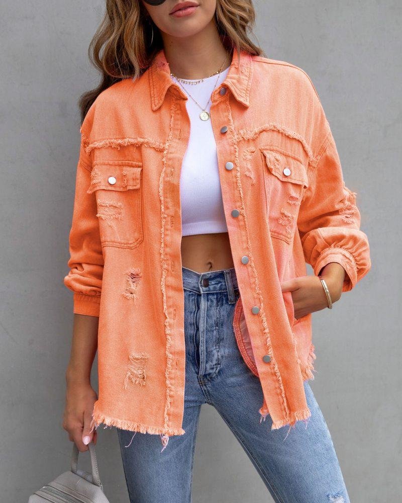 Fashion Ripped Shirt Jacket Female Autumn And Spring Casual Tops Womens Clothing - Image 4