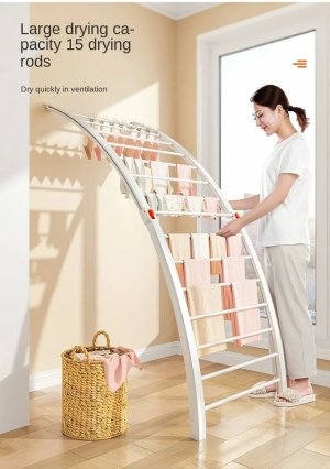 Folded Ondaum Heavy-Duty Laundry Rack in white metal, showcasing its compact storage capability.